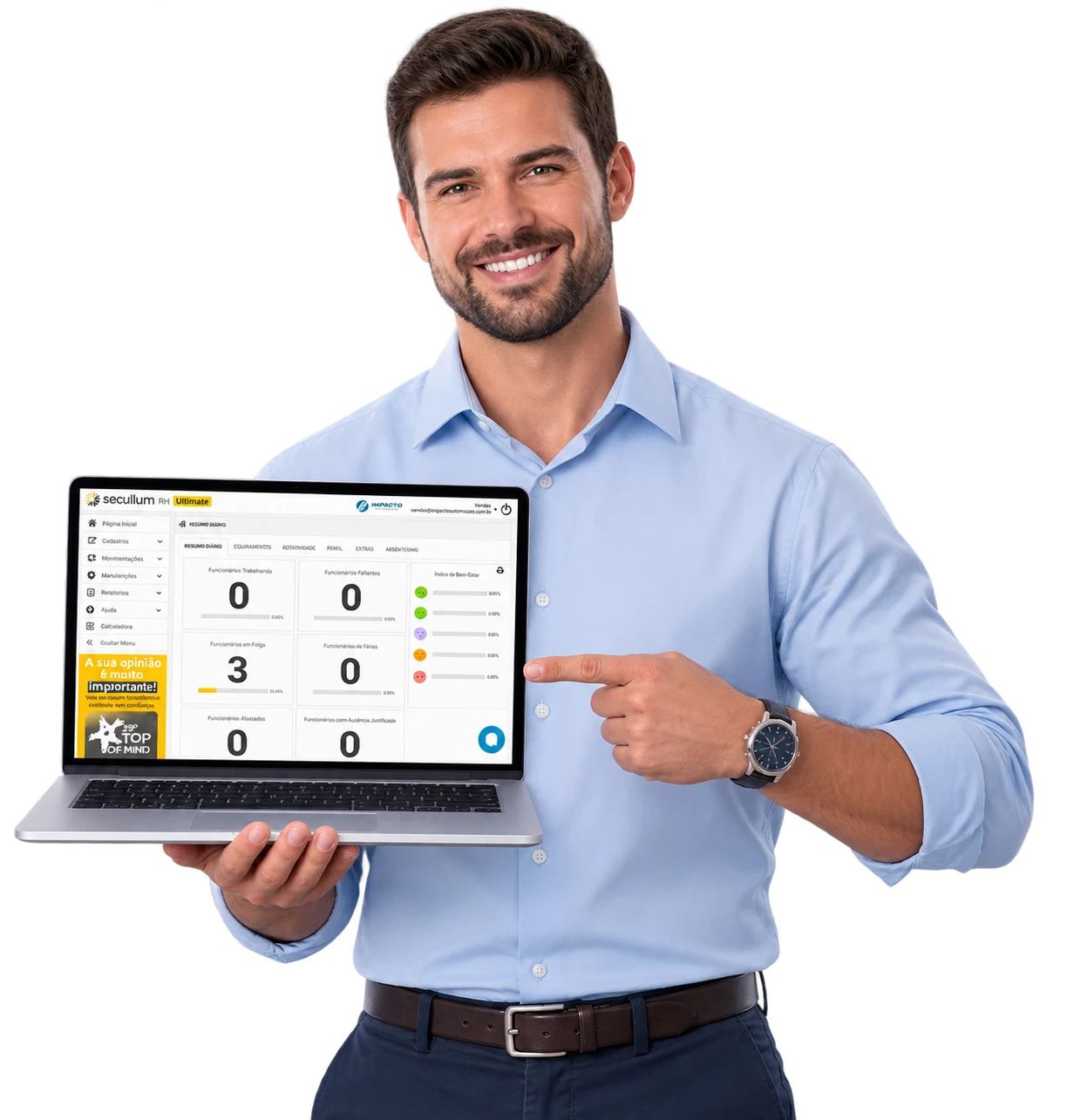 Consultor apresentando o Ponto Secullum no laptop